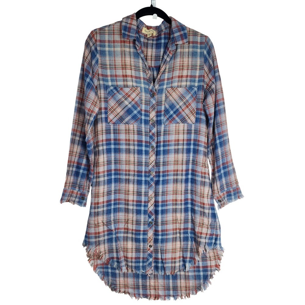 Womens Plaid Western Frayed Hem Button Tunic Top Country Equestrian Grunge Small